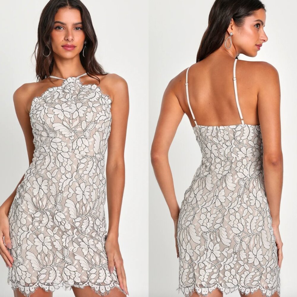 ☀️ LULUS Delicate Darling Beige and Ivory Lace Bodycon Dress XS